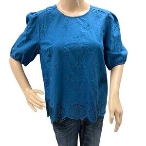 Lucky Brand Blue Embroidered Embroidered Eyelet Shirt Blouse Buttons in Back Med